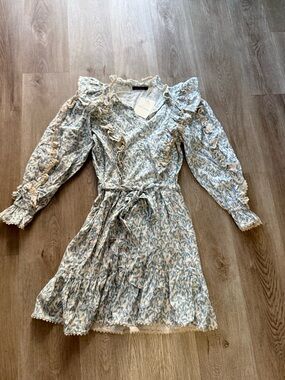 magali pascal luciana cream & blue floral print ruffle cotton mini dress small